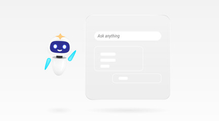Modern artificial intelligence chatbot vector concept. Cute 3D robot character next to chat window with ask anything text. Virtual support assistant for customer service website or app design.