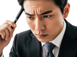 Asian businessman applying eyeliner with a brush on transparent background