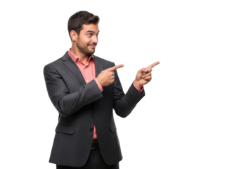 A man in a business suit pointing to the side with a surprised expression isolated on transparent background