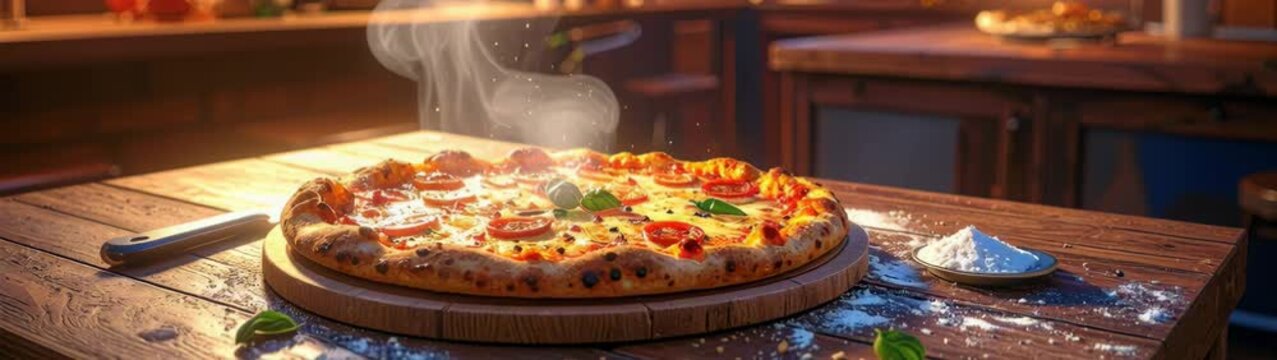 Hot pizza with tomatoes, cheese, and basil leaves on wooden board.