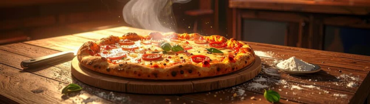 Hot pizza with tomatoes, cheese, and basil leaves on wooden board.