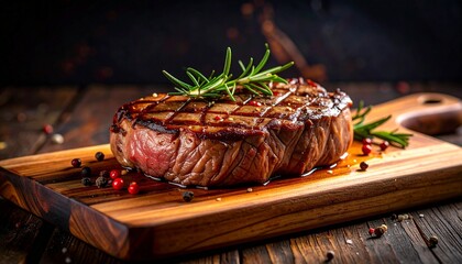Grilled steak with crosshatch sear, rosemary garnish, peppercorns, and sauce on rustic wooden board.