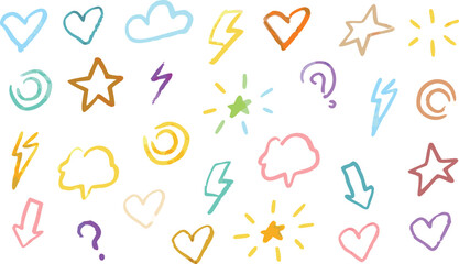 Colorful hand drawn doodles featuring hearts stars clouds lightning and various other symbols