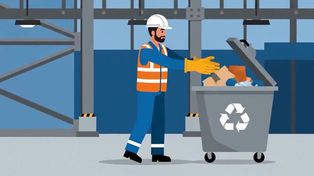 Industrial Worker Discarding Waste in Recycling Bin with Focus on Environmental Responsibility
