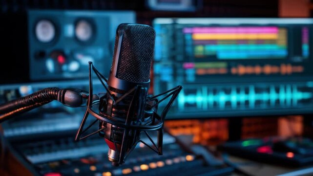 Professional Studio Microphone with Audio Mixing Console and Digital Sound Waveform