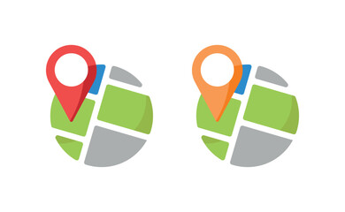 Location Pin Map Marker on Stylized Globe, Flat Vector Icon with Green and Gray Map Segments