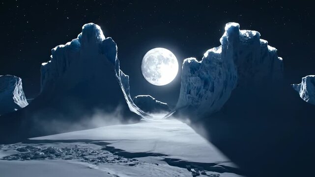 Dramatic cinematic wide shot of monolithic ice formations silhouetted against a brilliant full moon casting long deep shadows across the vast polar plateau ice, heaven, beauty