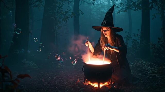 A witch brews a potion in a mystical forest, surrounded by bubbles.