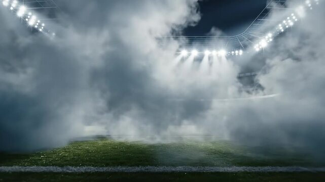 Dramatic cinematic shot of intense stadium floodlights piercing through heavy artificial smoke rising from the green football turf late at night winning, floodlights, shot