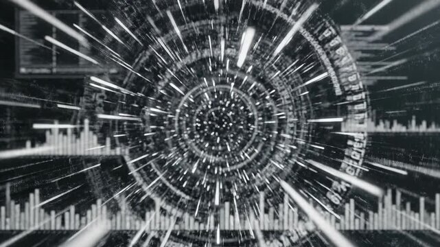 Futuristic black and white abstract fractal background featuring digital geometry and motion lines in a tech design tunnel backdrop