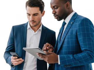 Two businessmen in blue suits looking at digital devices together isolated on transparent background