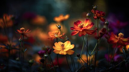 Orange cosmos flowers against a dimly lit garden backdrop.