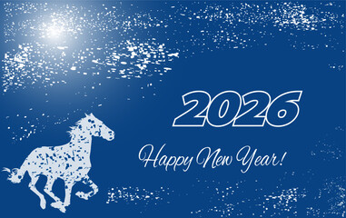 New year 2026 white, blue background, silhouette horse, holiday design template for holiday greeting card, invitation, calendar poster, banner. Vector illustration