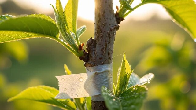 Close-up of a grafted tree branch with new leaves in a sunny orchard.