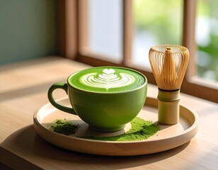 Vibrant Green Matcha Latte with Rosetta Art on Wooden Tray
