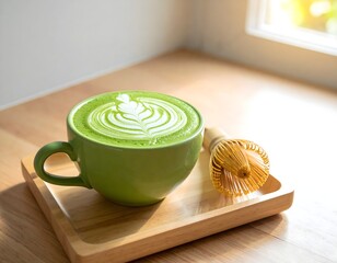 Vibrant Green Matcha Latte with Rosetta Art on Wooden Tray