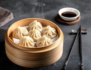 Steaming Bamboo Basket of Pork Soup Dumplings with Soy Sauce