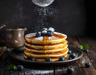 Powdered Sugar Being Dusted on Blueberry Pancakes with Maple Syrup