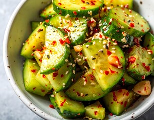 Spicy Asian Smashed Cucumber Salad with Chili Oil and Sesame Seeds
