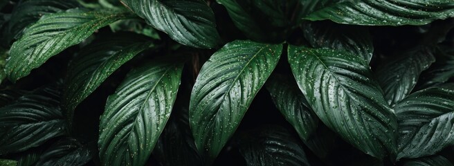 Lush, close-up view of dark green foliage with water droplets, showcasing texture and detail