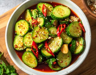 Spicy Asian Smashed Cucumber Salad with Chili Oil and Sesame Seeds