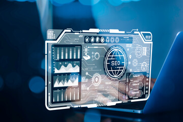 SEO and digital marketing concept showing global search optimization, website ranking, analytics and online business growth icons.