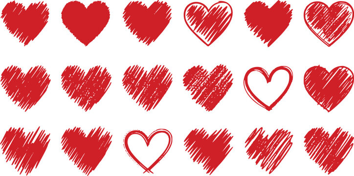 A set of various hand-drawn red heart shapes with scribble and outline textures on a clean white background.
