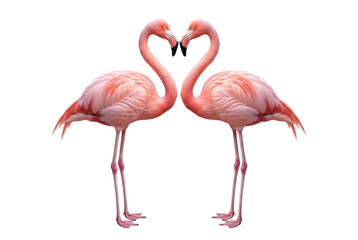 Two pink flamingos facing each other isolated on white background