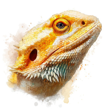 Watercolor illustration of Bearded Dragon Head, vector artwork, isolated on white background.