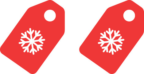 Two red christmas sale tags with white snowflakes