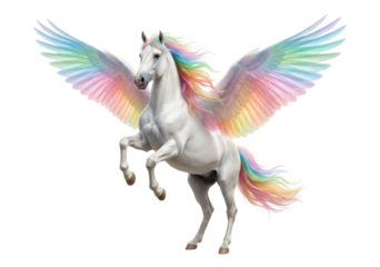 White winged unicorn with rainbow mane and wings isolated on white