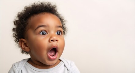 African American baby with curly hair expressing surprise and joy, wide eyes and open mouth, wearing a light gray onesie against a soft neutral background, capturing pure emotion and innocence