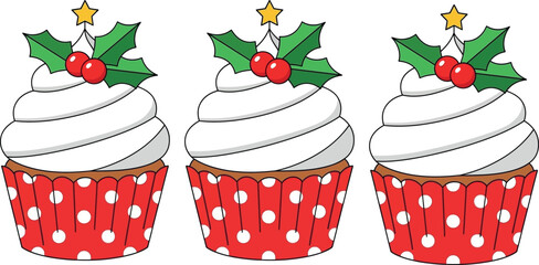 Three christmas cupcakes with holly berries and star topper