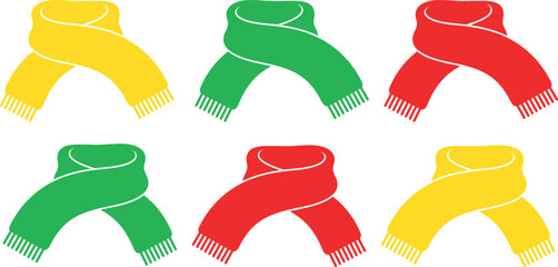 Set of six colorful knitted winter scarves in yellow, green, and red