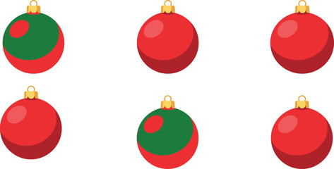 Set of six christmas tree ornaments, red and green baubles for holiday decoration