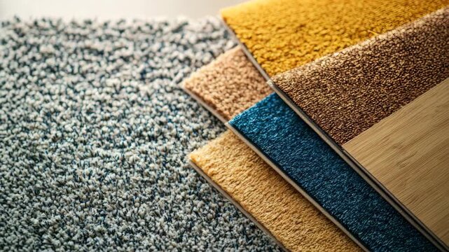 Different types of carpet samples displayed for selection on a wooden surface in a lighting room