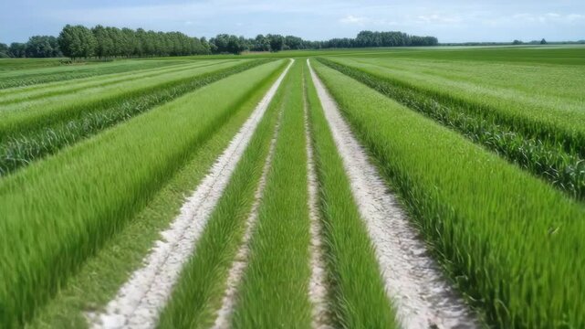 Green rice field with clear paths on a sunny day in rural area showing rows of crops and trees on the horizon during summer season