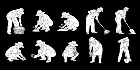 Country people lowered in line for projects gardeners florists farmers flower growers and editable line drawings in vector 