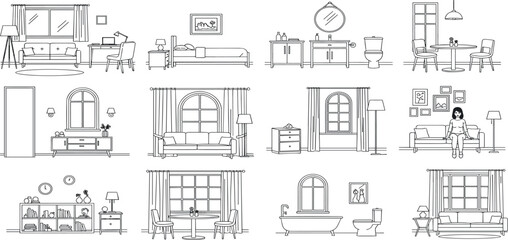 Furniture outline front view architectural designs. Set of isolated linear interior icons. Vector elements for apartments, living room, bedroom, kitchen, bathroom. CAD design.