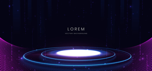 Scene glowing on dark blue background with glowing neon lights podium in futuristic. Concept technology, gamer.