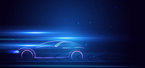Sport car on hi-speed motion moving concept on light blue background.
