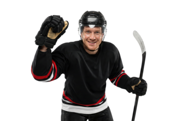 Happy ice hockey player celebrating victory with stick on white background