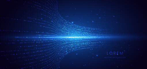Hi speed dotted blue light lines with lighting effect and sparkle on dark blue background.