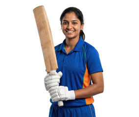 Smiling female cricket player holding bat isolated on white background