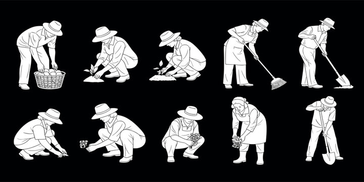 Country people lowered in line for projects gardeners florists farmers flower growers and editable line drawings in vector 