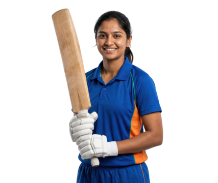 Smiling female cricket player holding bat isolated on white background - Powered by Adobe