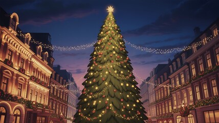 Naklejka premium Illuminated christmas tree in a city square