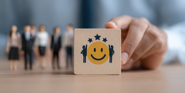 Hand holding a wooden block with a smiley face and stars; team of figures blurred in the background
