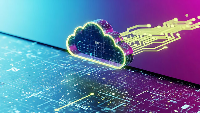 Neon cloud computing circuit board background with glowing digital elements - Powered by Adobe