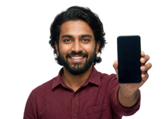 Smiling man showing smartphone screen to camera on white background